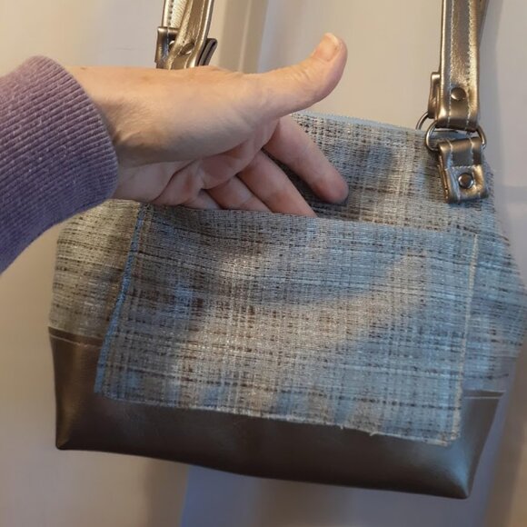 New Faux Leather Double handle Shoulder Satchel Bag Purse Aqua Brown Coastal - Picture 4 of 13